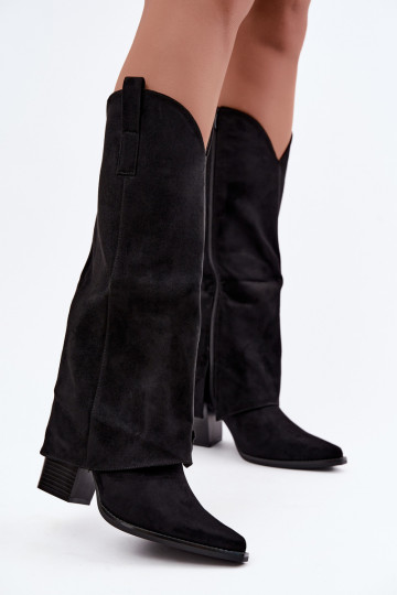 Gefütterte kniehohe Cowboy-Stiefel mit Absätzen und angenähtem Kragen in Schwarz Julena 2