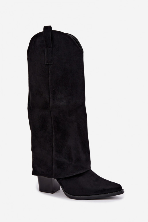 Gefütterte kniehohe Cowboy-Stiefel mit Absätzen und angenähtem Kragen in Schwarz Julena