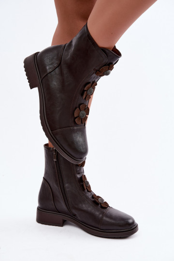 Damen Stiefeletten mit breiten Absätzen und Blumenmotiven in Schokolade