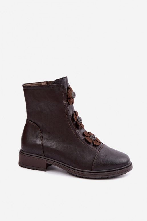 Damen Stiefeletten mit breiten Absätzen und Blumenmotiven in Schokolade