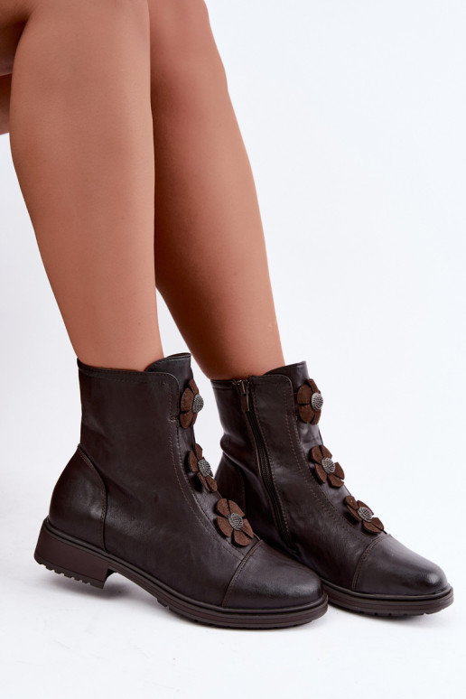 Damen Stiefeletten mit breiten Absätzen und Blumenmotiven in Schokolade