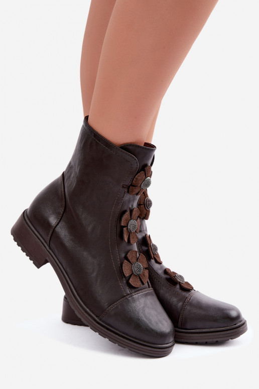 Damen Stiefeletten mit breiten Absätzen und Blumenmotiven in Schokolade