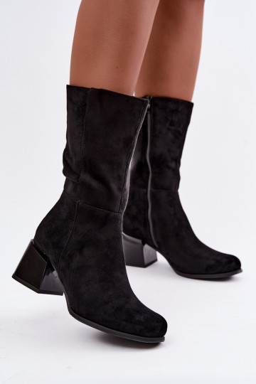Wärmende lange Stiefel aus Kunstveloursleder Klocke in Schwarz 2