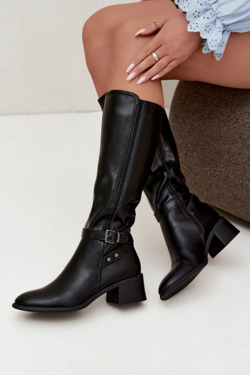 Wärmende schwarze kniehohe Stiefel mit Schnallen Sergio Leone KZ-07
