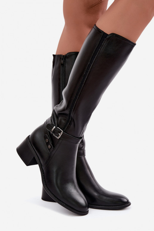 Wärmende schwarze kniehohe Stiefel mit Schnallen Sergio Leone KZ-07