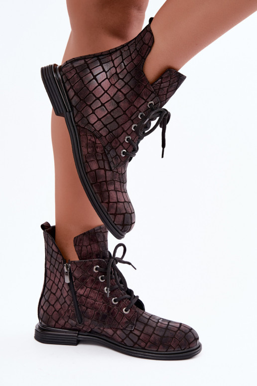 Bordeauxfarbene Leder-Stiefeletten mit breiten Absätzen Artiker 55C1327