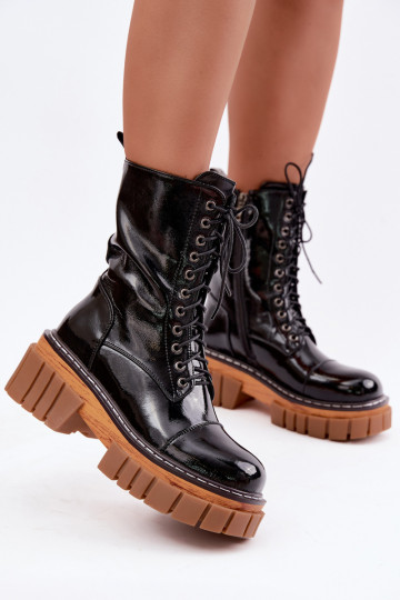 Schwarze Leder-Stiefeletten für die Arbeit mit Lackeffekt Artiker 49C0344