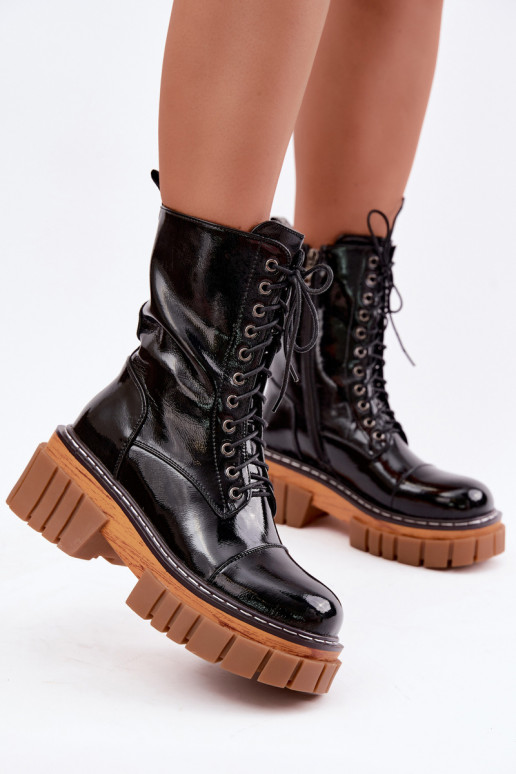 Schwarze Leder-Stiefeletten für die Arbeit mit Lackeffekt Artiker 49C0344