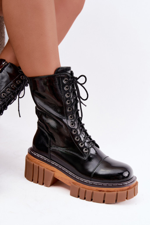 Schwarze Leder-Stiefeletten für die Arbeit mit Lackeffekt Artiker 49C0344