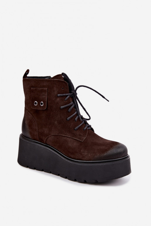 Zazoo 60499 Damen Stiefeletten aus Kunstveloursleder mit Plateau in Schokoladenfarbe