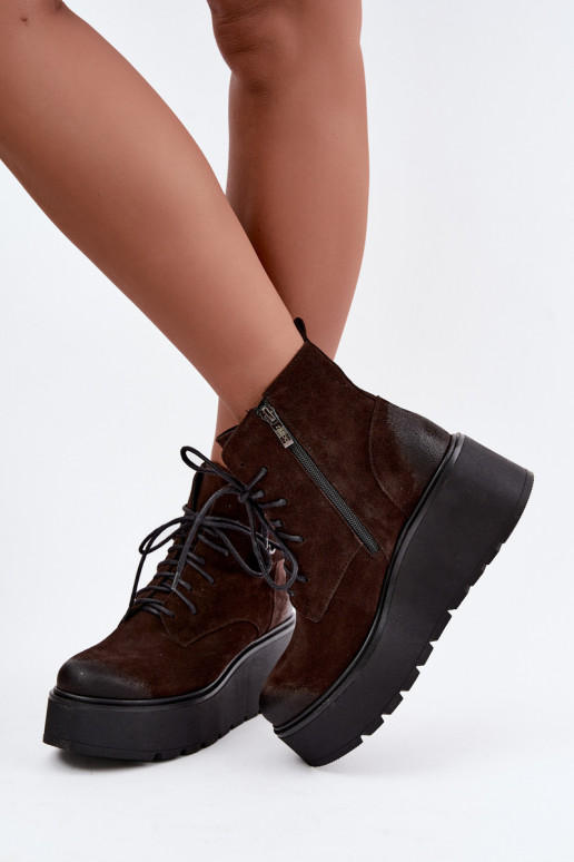 Zazoo 60499 Damen Stiefeletten aus Kunstveloursleder mit Plateau in Schokoladenfarbe