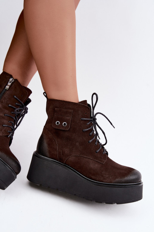 Zazoo 60499 Damen Stiefeletten aus Kunstveloursleder mit Plateau in Schokoladenfarbe