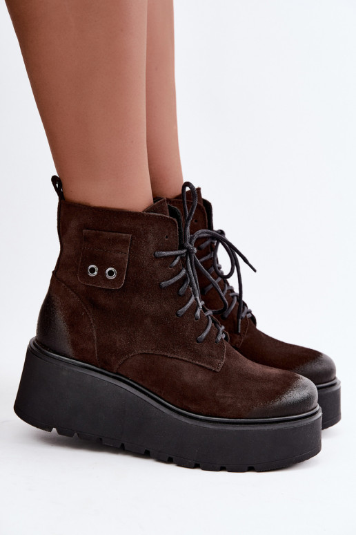 Zazoo 60499 Damen Stiefeletten aus Kunstveloursleder mit Plateau in Schokoladenfarbe