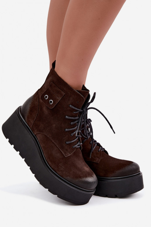 Zazoo 60499 Damen Stiefeletten aus Kunstveloursleder mit Plateau in Schokoladenfarbe