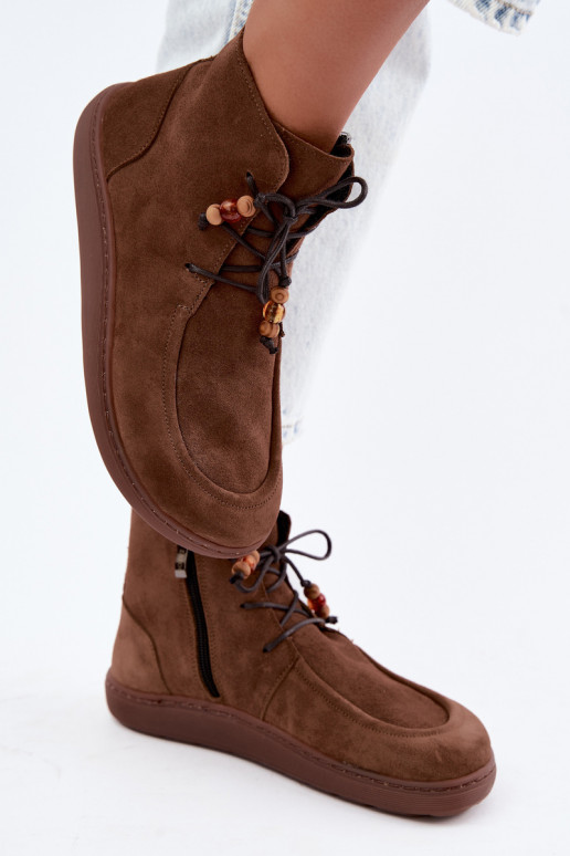 Damen warme Barefoot Stiefeletten mit Perlen Zazoo 30078 in brauner Farbe