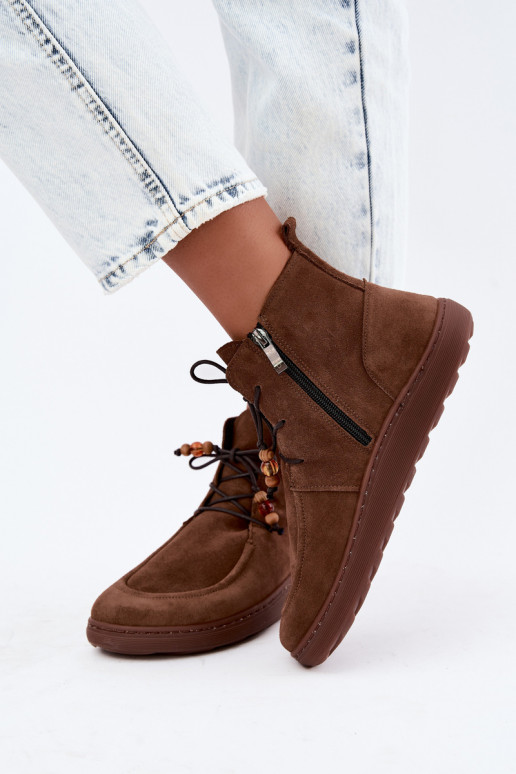 Damen warme Barefoot Stiefeletten mit Perlen Zazoo 30078 in brauner Farbe