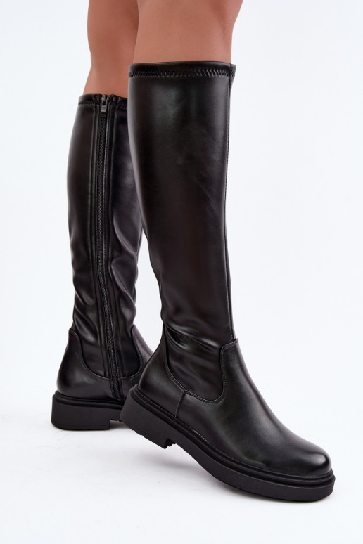 Damen warme lange Stiefel mit breiten Absätzen Zazoo KZ-02 in schwarzer Farbe