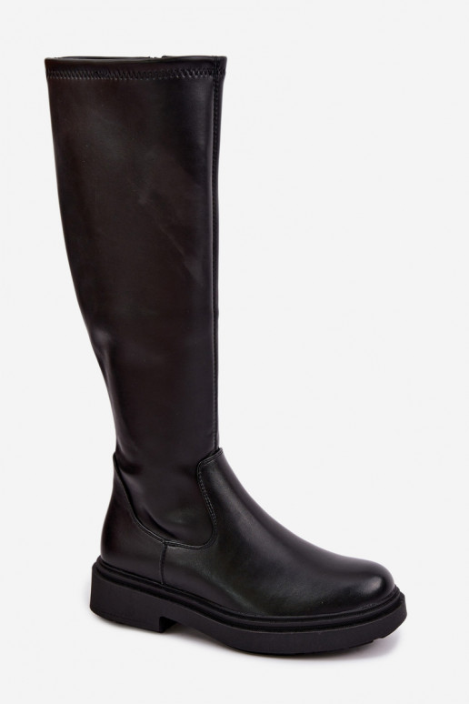 Damen warme lange Stiefel mit breiten Absätzen Zazoo KZ-02 in schwarzer Farbe