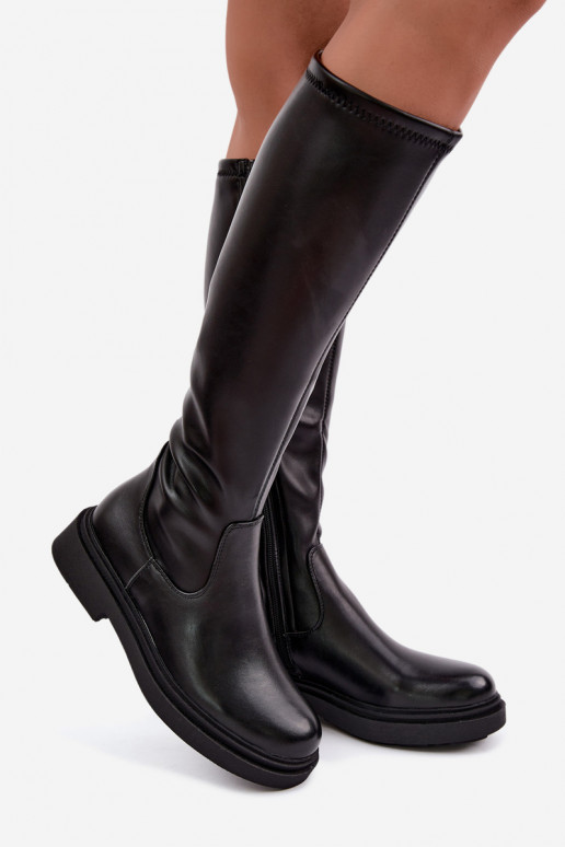 Damen warme lange Stiefel mit breiten Absätzen Zazoo KZ-02 in schwarzer Farbe