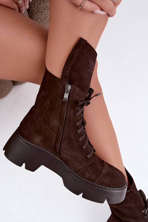 Dunkelbraune Damen Arbeitsstiefeletten aus Kunstveloursleder Zazoo 976
