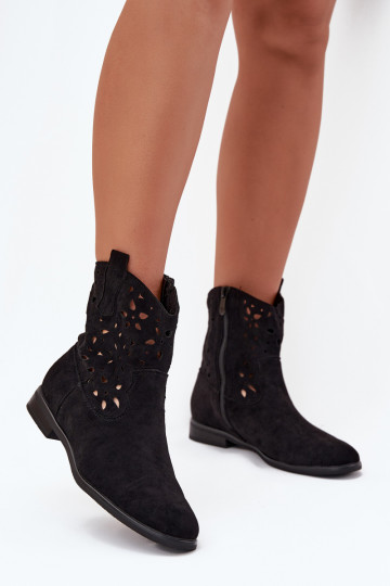 Damen Stiefeletten mit Ausschnitt-Elementen und breiten Absätzen aus schwarzem Kunstveloursleder Athera 2