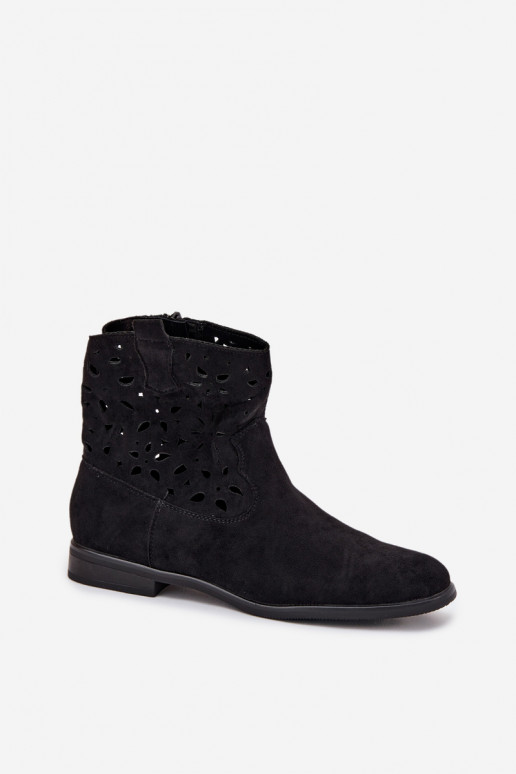 Damen Stiefeletten mit Ausschnitt-Elementen und breiten Absätzen aus schwarzem Kunstveloursleder Athera