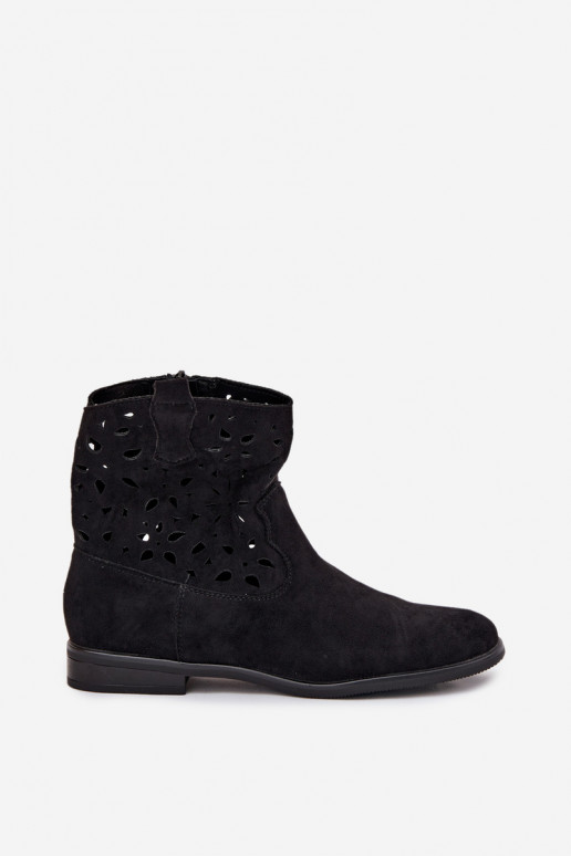 Damen Stiefeletten mit Ausschnitt-Elementen und breiten Absätzen aus schwarzem Kunstveloursleder Athera