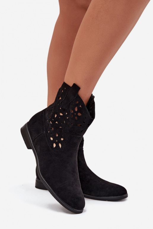 Damen Stiefeletten mit Ausschnitt-Elementen und breiten Absätzen aus schwarzem Kunstveloursleder Athera