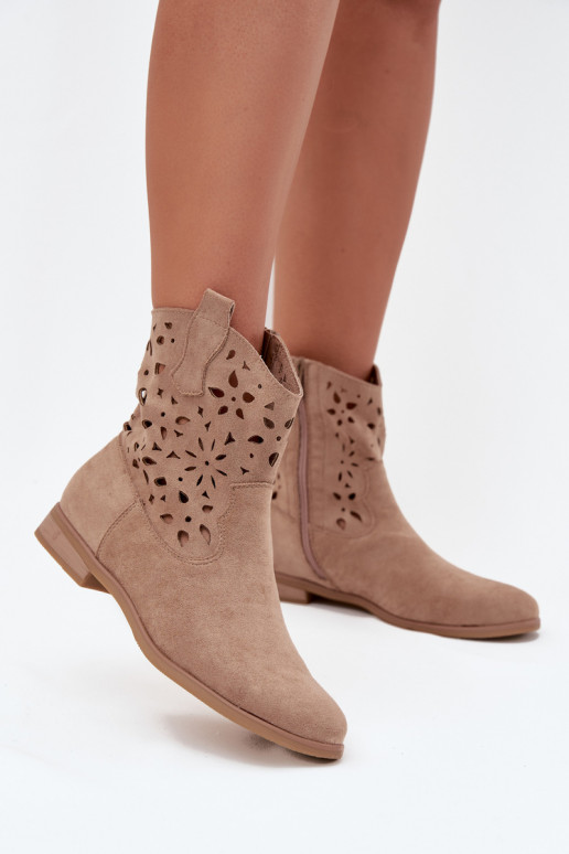 Damen Stiefeletten mit Ausschnitt-Elementen und breiten Absätzen aus sandfarbenem Kunstveloursleder Athera