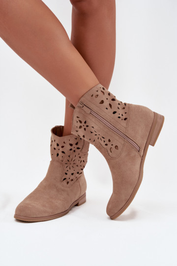 Damen Stiefeletten mit Ausschnitt-Elementen und breiten Absätzen aus sandfarbenem Kunstveloursleder Athera 2