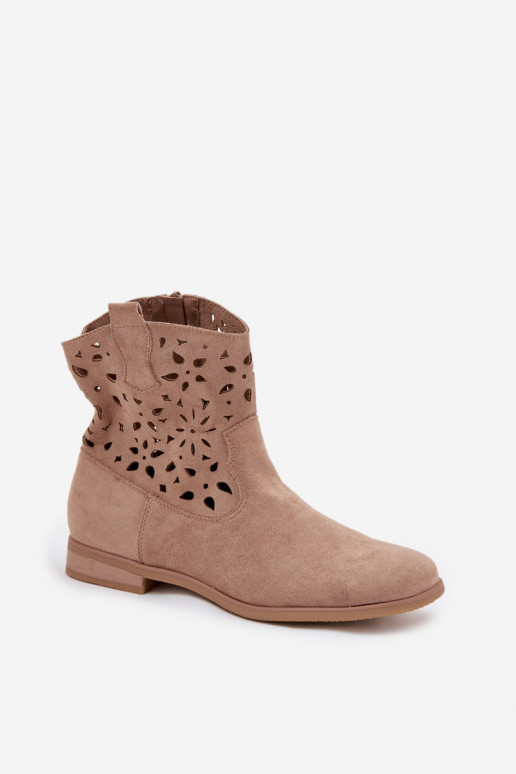 Damen Stiefeletten mit Ausschnitt-Elementen und breiten Absätzen aus sandfarbenem Kunstveloursleder Athera