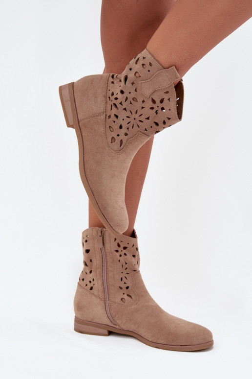 Damen Stiefeletten mit Ausschnitt-Elementen und breiten Absätzen aus sandfarbenem Kunstveloursleder Athera