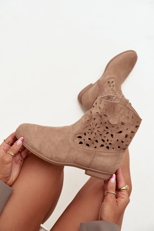 Damen Stiefeletten mit Ausschnitt-Elementen und breiten Absätzen aus sandfarbenem Kunstveloursleder Athera