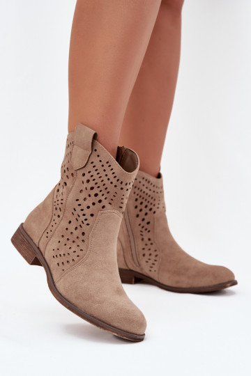Ausschnitt-Damen Stiefeletten mit breiten Absätzen in sandfarbenem Amisna