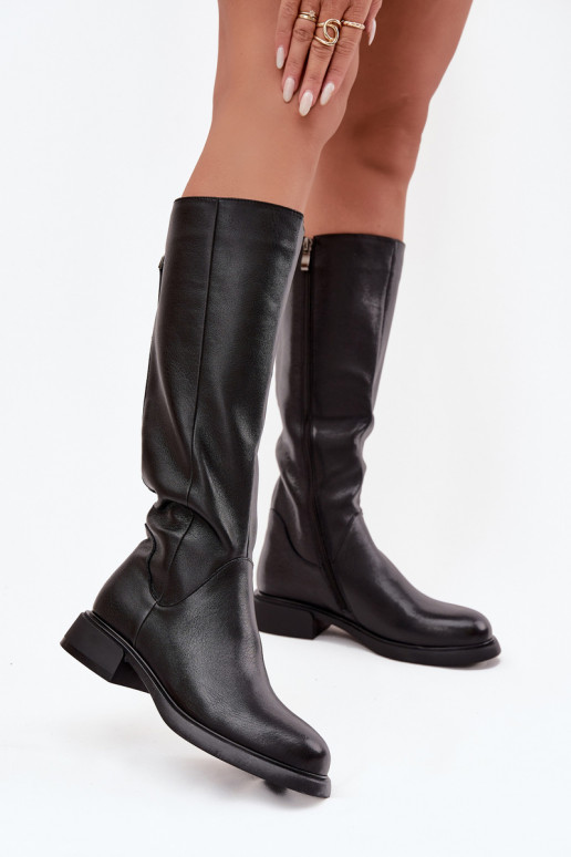 Schwarze kniehohe Stiefel aus Kunstleder für Damen mit breiten Absätzen und Futter D&A JC62-1036
