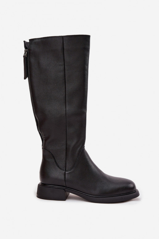 Schwarze kniehohe Stiefel aus Kunstleder für Damen mit breiten Absätzen und Futter D&A JC62-1036