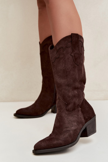 Schokoladenfarbene Kunstveloursleder Stiefel im Cowboy-Stil mit Absätzen Jarissa 2