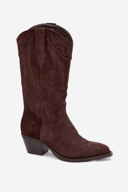 Schokoladenfarbene Kunstveloursleder Stiefel im Cowboy-Stil mit Absätzen Jarissa