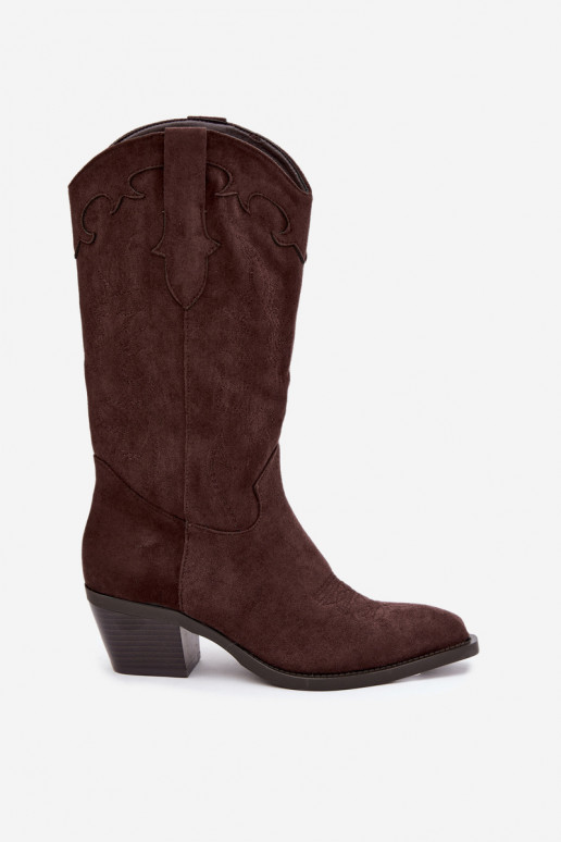 Schokoladenfarbene Kunstveloursleder Stiefel im Cowboy-Stil mit Absätzen Jarissa