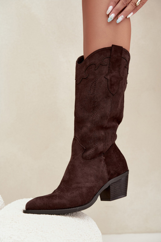 Schokoladenfarbene Kunstveloursleder Stiefel im Cowboy-Stil mit Absätzen Jarissa