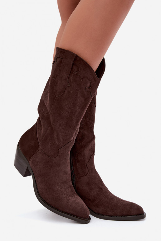 Schokoladenfarbene Kunstveloursleder Stiefel im Cowboy-Stil mit Absätzen Jarissa