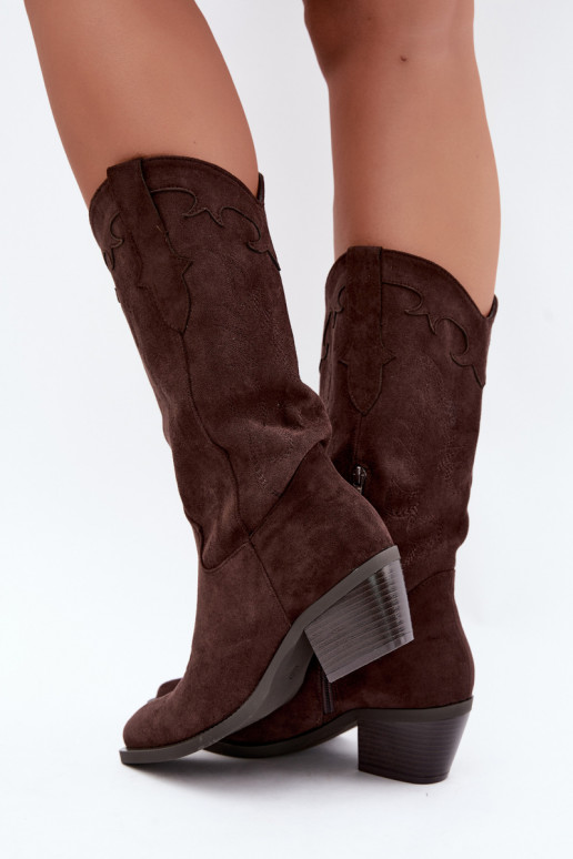 Schokoladenfarbene Kunstveloursleder Stiefel im Cowboy-Stil mit Absätzen Jarissa