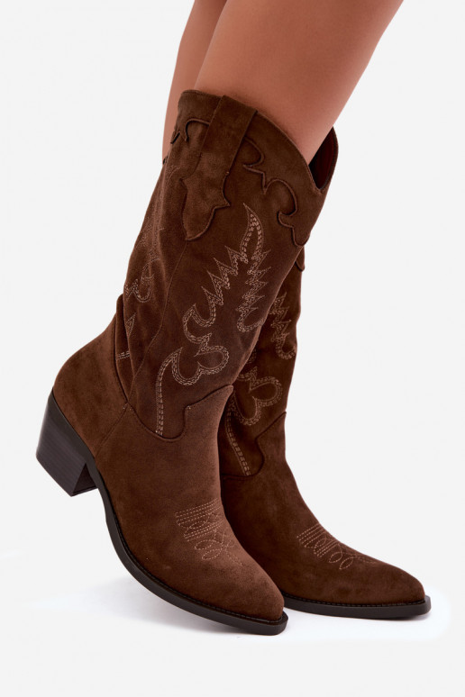 Knöchelhohe Cowboy-Stiefel mit Absätzen aus braunem Kunstveloursleder Jarissa