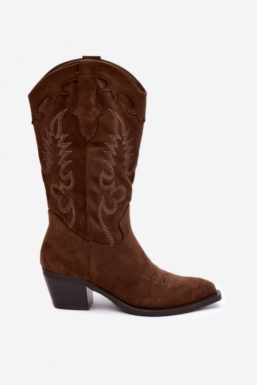 Knöchelhohe Cowboy-Stiefel mit Absätzen aus braunem Kunstveloursleder Jarissa