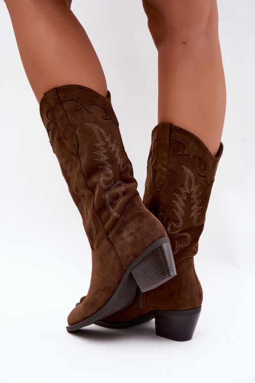 Knöchelhohe Cowboy-Stiefel mit Absätzen aus braunem Kunstveloursleder Jarissa