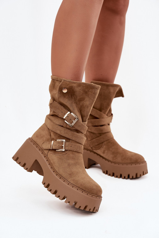 Khaki Damen Stiefeletten auf klobigen Absätzen mit Schnallen und Riemen Nerelisa