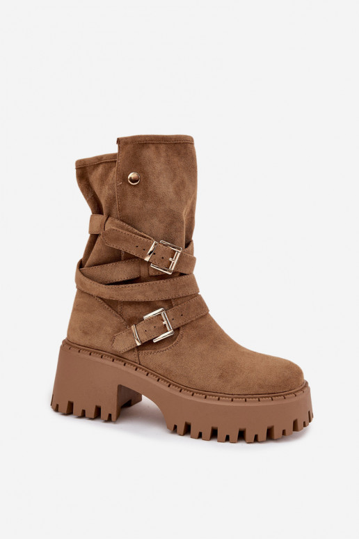 Khaki Damen Stiefeletten auf klobigen Absätzen mit Schnallen und Riemen Nerelisa