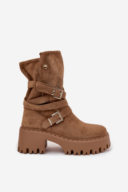 Khaki Damen Stiefeletten auf klobigen Absätzen mit Schnallen und Riemen Nerelisa