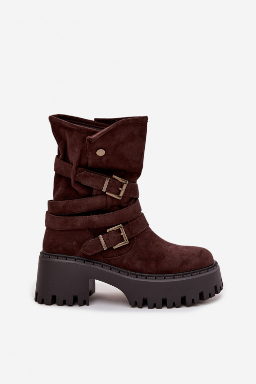 Damenstiefeletten mit dicken Absätzen, Riemen und Schnallen in Schokoladenfarbe, Nerelisa