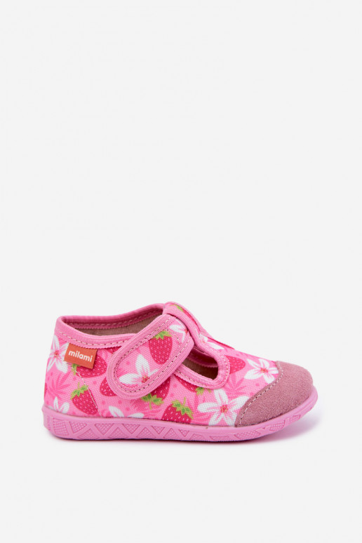 Kinderschuhe Milami mit Klettverschlüssen und Erdbeeren und Blumen in Rosa Jasimrra